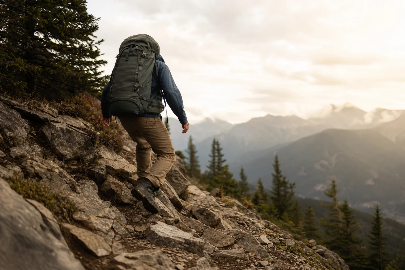 Wanderer bei einem steilen, felsigen Abstieg auf einem Bergpfad