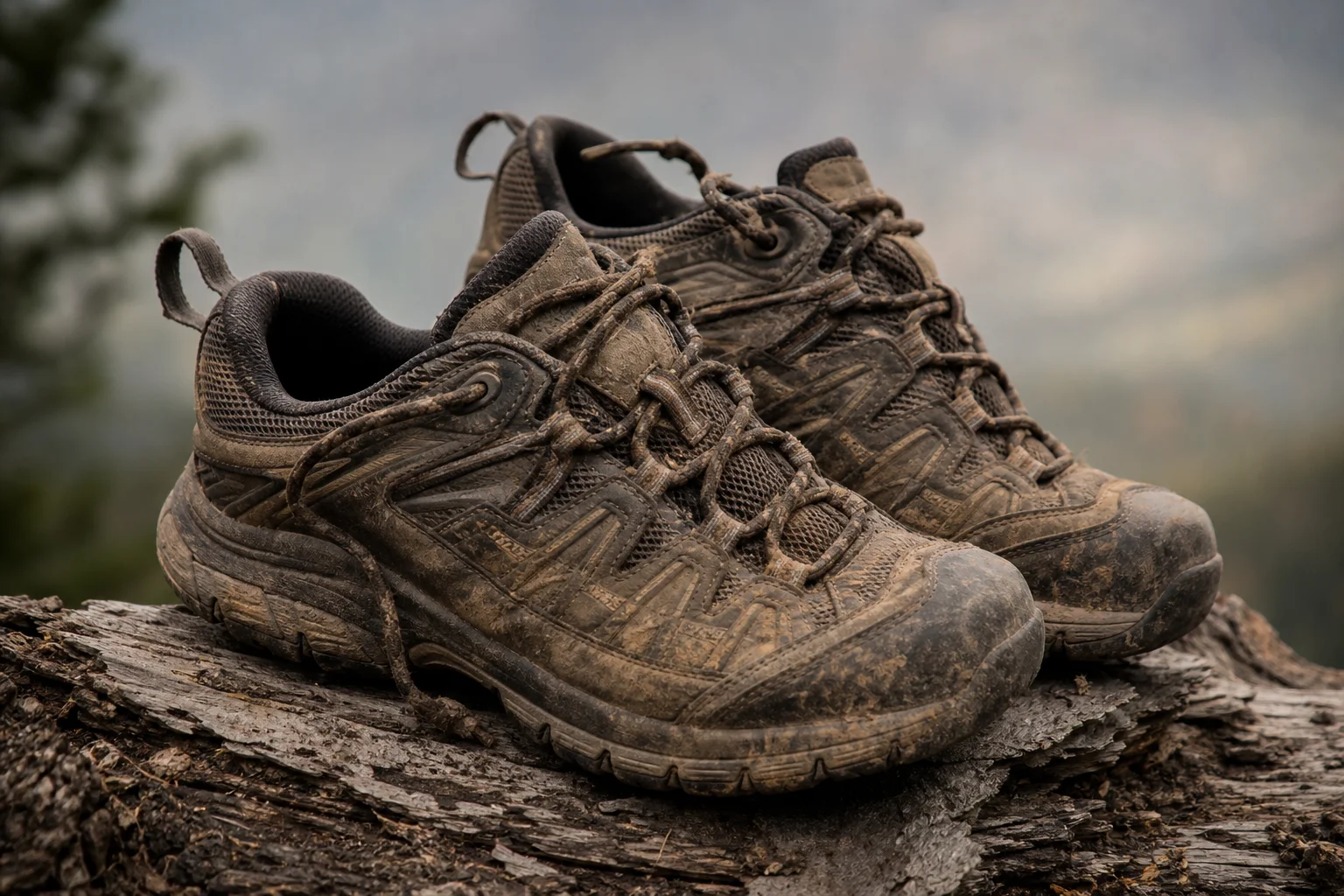 Wanderschuhe nach einem langen Tag auf dem Pfad auf einem Baumstamm