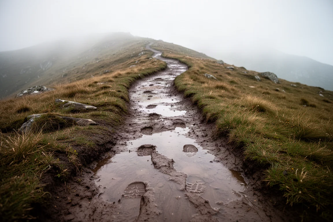 Muddy trail winding uphill through wet mountain terrain