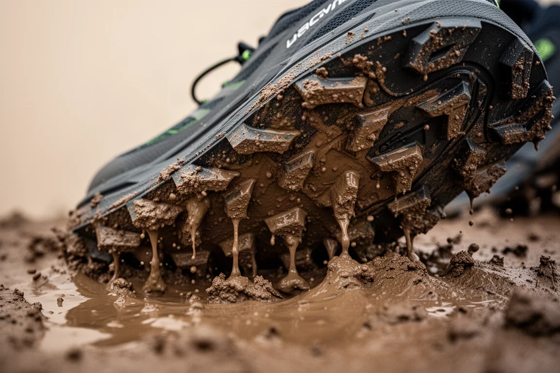 Close-up of deep lugs on a trail shoe outsole gripping a muddy surface