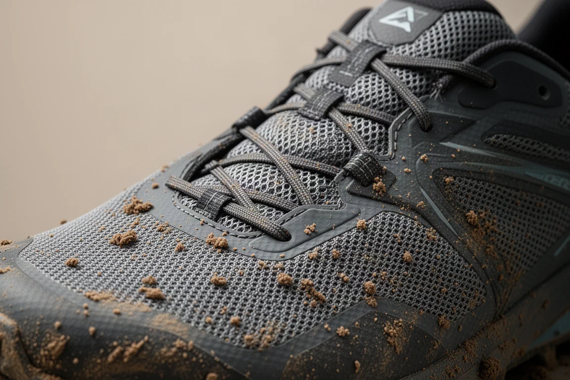 Textile mesh upper of a trail shoe shedding mud and grit