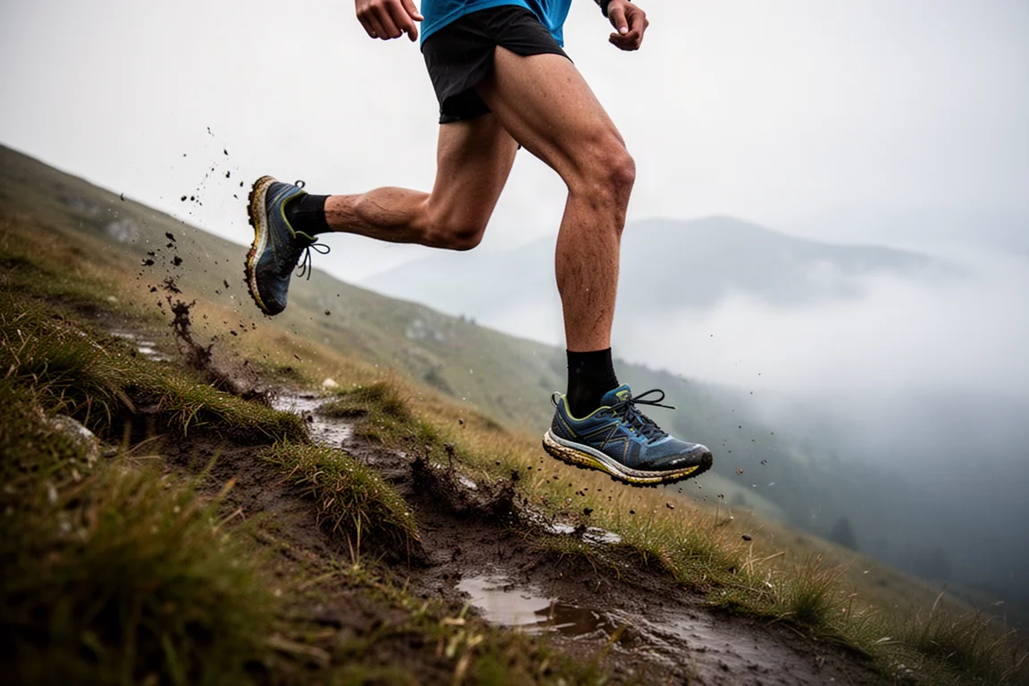 Trail runner's legs ascending a steep wet mountain slope
