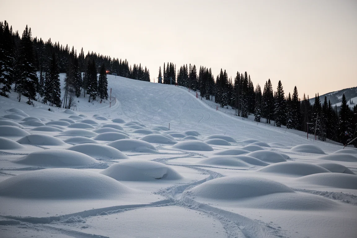 Vista amplia de una pista preparada de la estación al amanecer con telesilla y cañones de nieve en funcionamiento