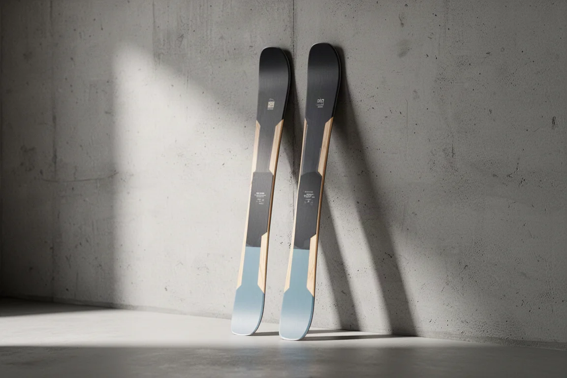 Pair of women's all-mountain skis with mounted bindings leaning against a concrete wall