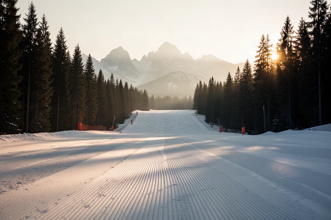Präparierte Skipiste im frühen Morgenlicht mit Sleep-Tex-Muster und Pinienwald am Rand