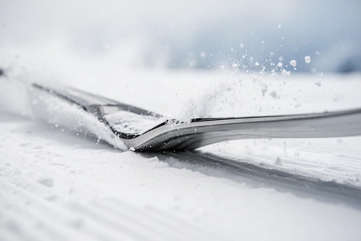 Nahaufnahme einer Skikante, die in präparierten Schnee schneidet, mit feinem Schneegeriesel