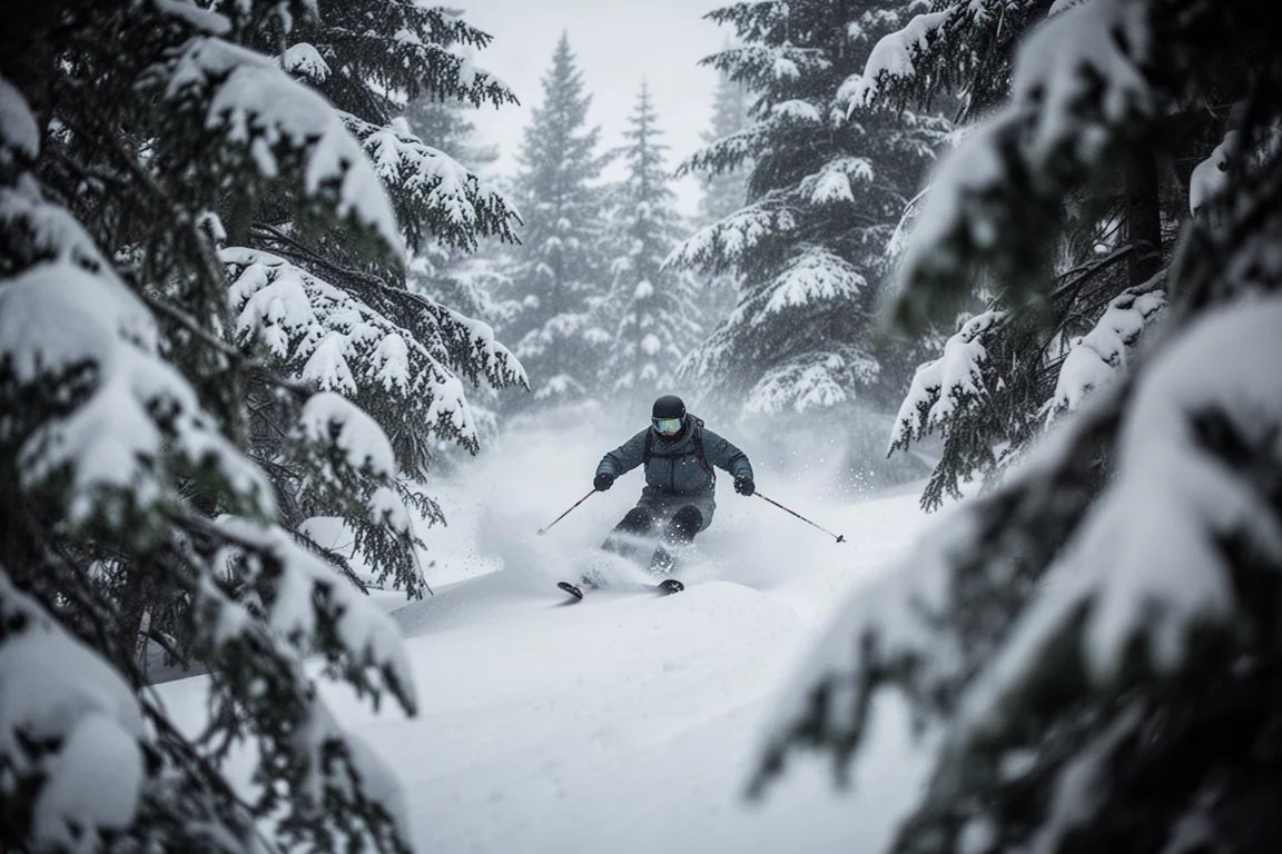 Skifahrer schlängelt sich bei weichem Schnee zwischen verschneiten Bäumen