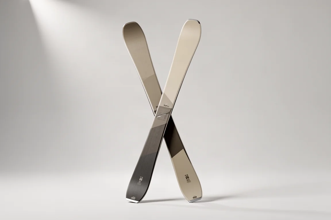 Pair of mid-80s all-mountain skis standing upright against a pale grey backdrop