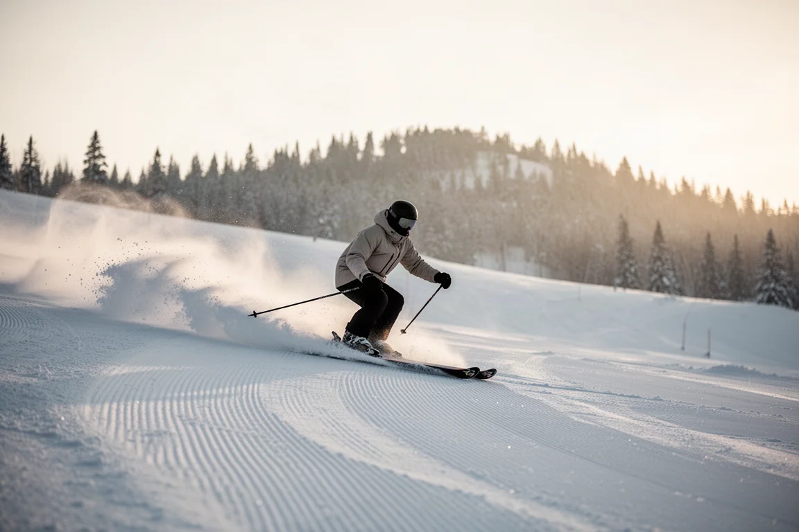 Skieur taillant une piste damée au lever du soleil, la neige projetée par les carres