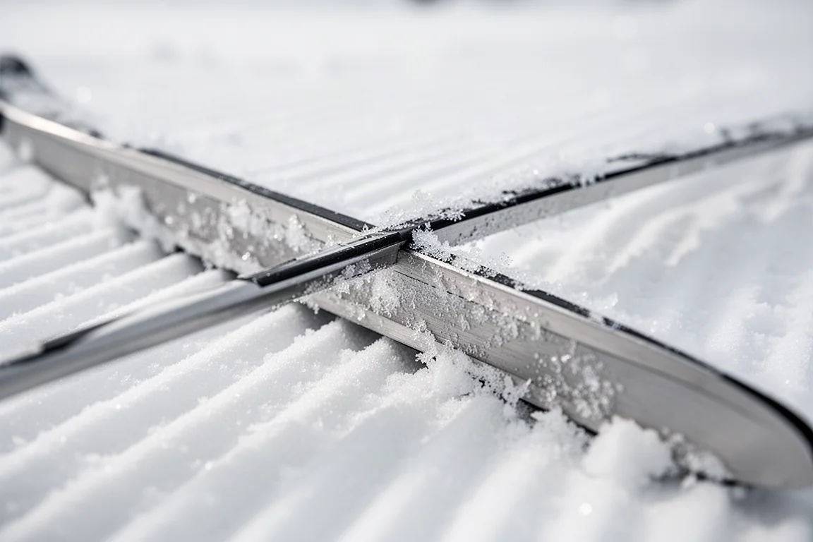 Gros plan sur un chant de ski et un stratifié métallique pressé dans la neige damée