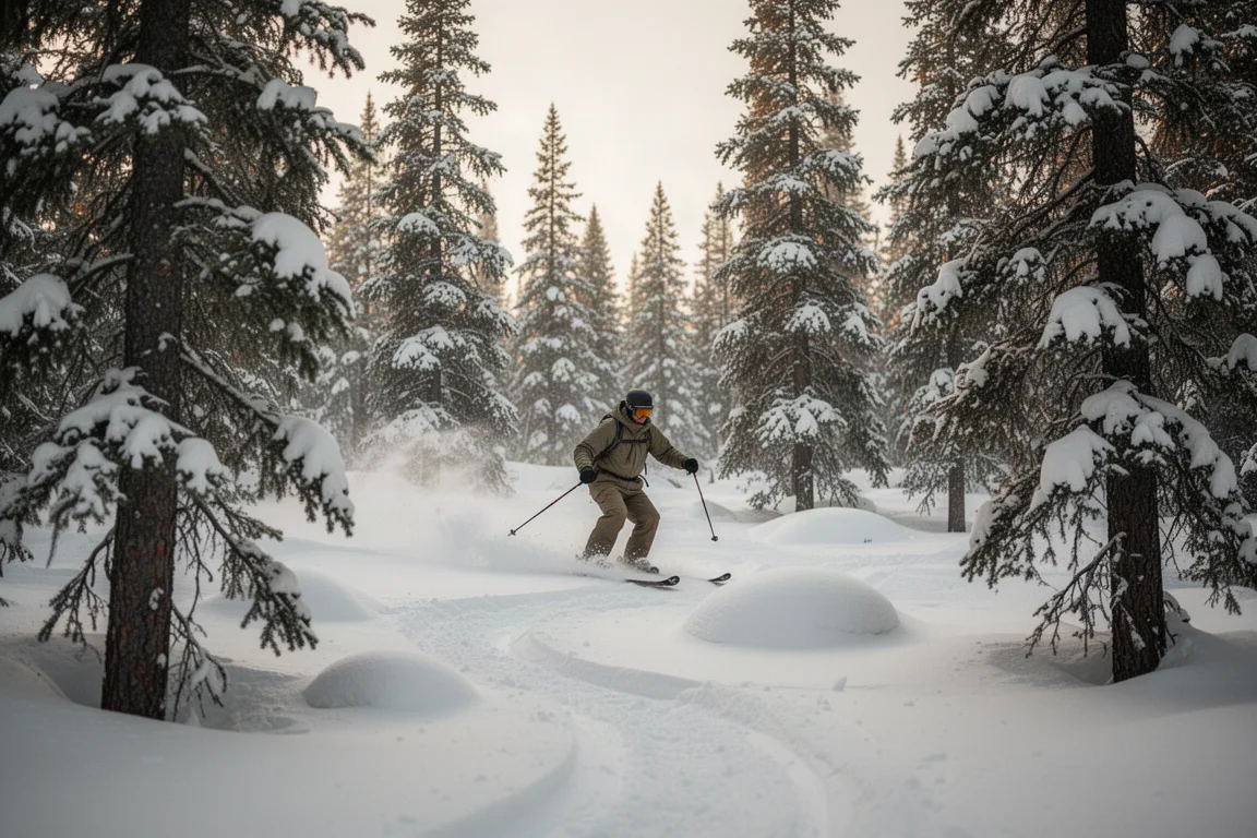 Skieur évoluant dans un couloir bosselé entre les arbres sous une lumière douce d'après-midi