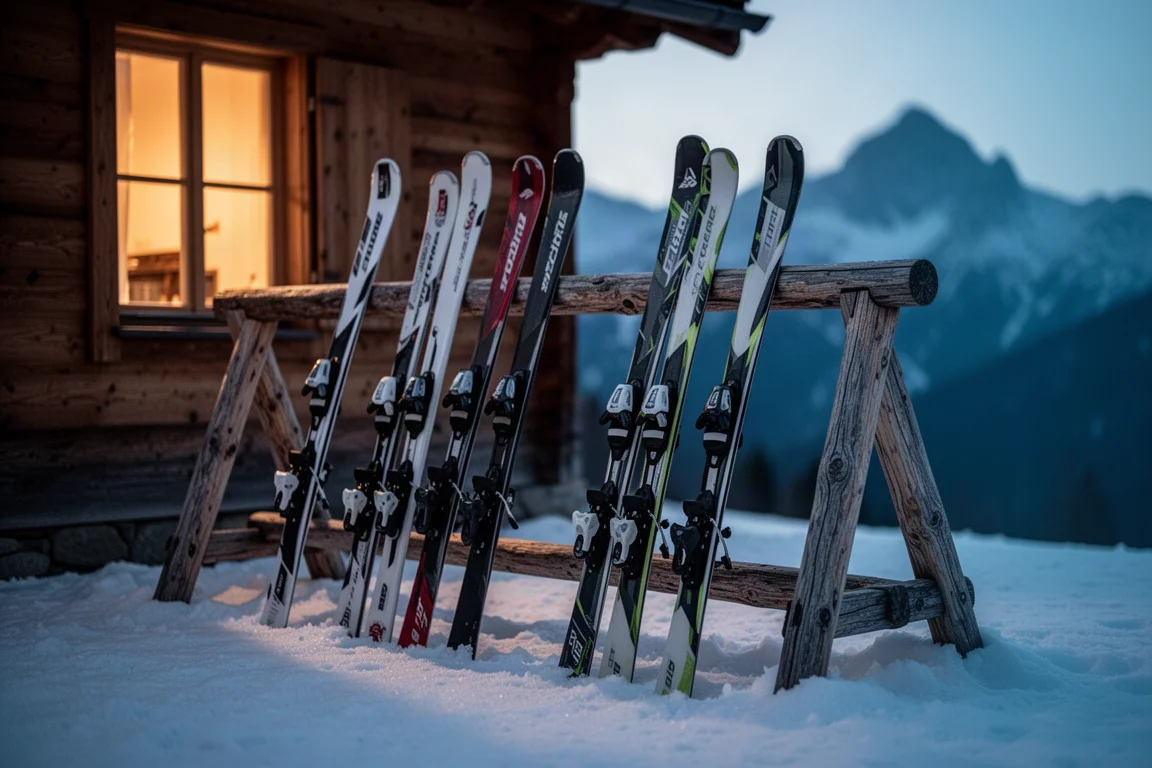 Rangée de skis alpins appuyés contre un rack en bois au pied d'une station au crépuscule