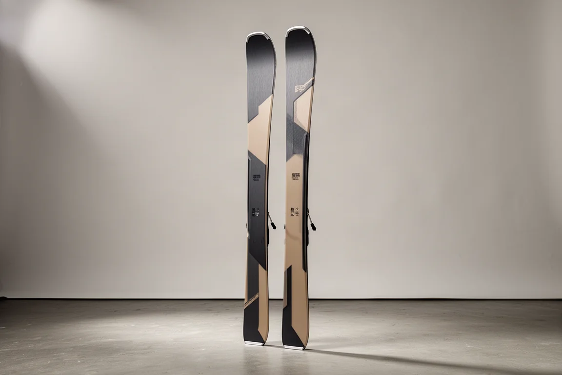 Paire de skis alpins all-mountain dressés verticalement sur un fond gris neutre