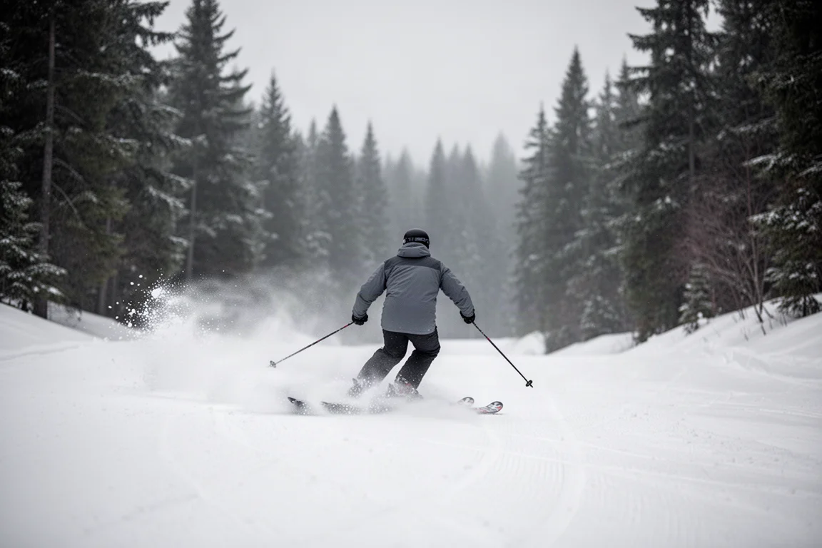 Un skieur taillant une courbe sur une piste damée sous une légère neige, avec des conifères en arrière-plan