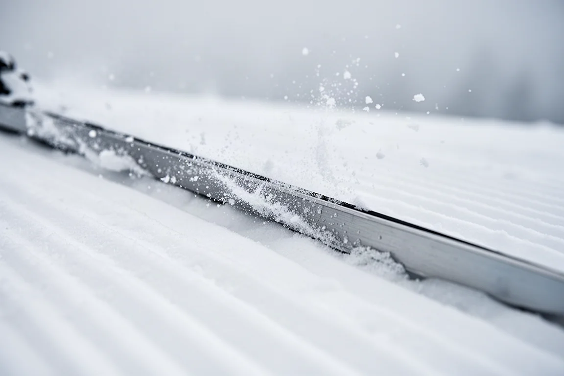 Gros plan en contre-plongée d'un carre de ski accrochant une neige dure damée, avec des cristaux de glace