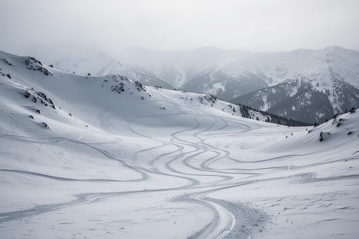 Vue en hauteur sur un large cirque alpin ouvert avec une neige variable affectée par le vent