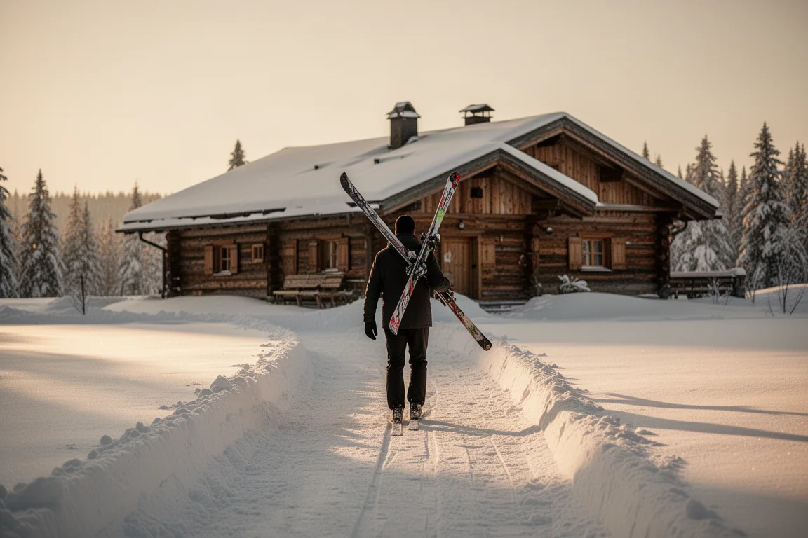 Un skieur marchant sur le chemin d'un refuge, skis portés sur une épaule, dans la lumière de fin d'après-midi