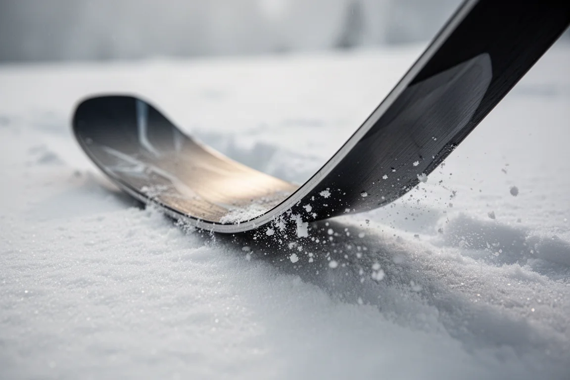 Primer plano de la cola del esquí flexionando bajo carga con proyección de nieve