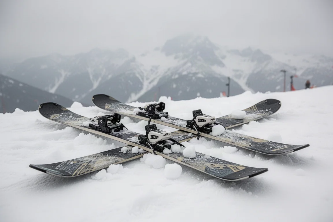 Esquís apoyados sobre nieve pisada y removida en una estación de montaña