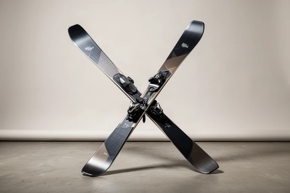 Pair of all-mountain alpine skis standing against a neutral grey studio backdrop