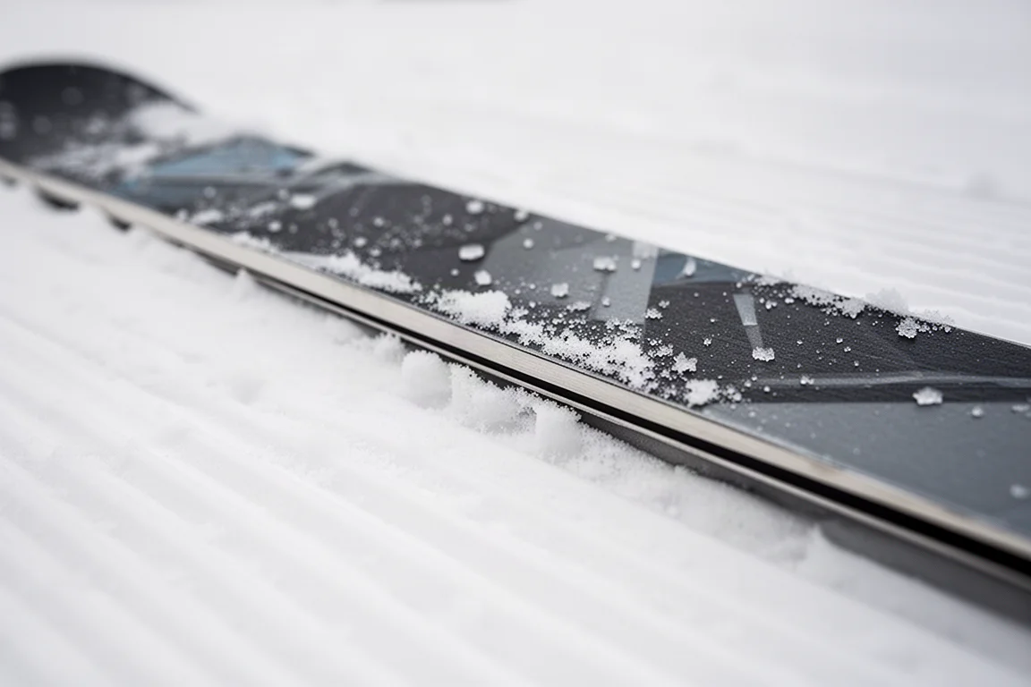Zbliżenie na krawędź narty all-mountain gryzącą w przygotowanym śniegu, widoczna linia laminatu metalowego