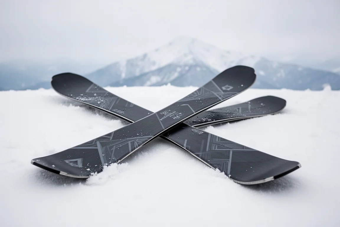 Para ciemnych nart all-mountain leżących na świeżym puchowym śniegu z górami w tle