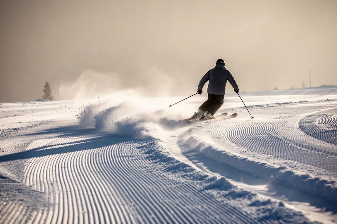 Skier carving a long turn on a freshly groomed piste in soft morning light