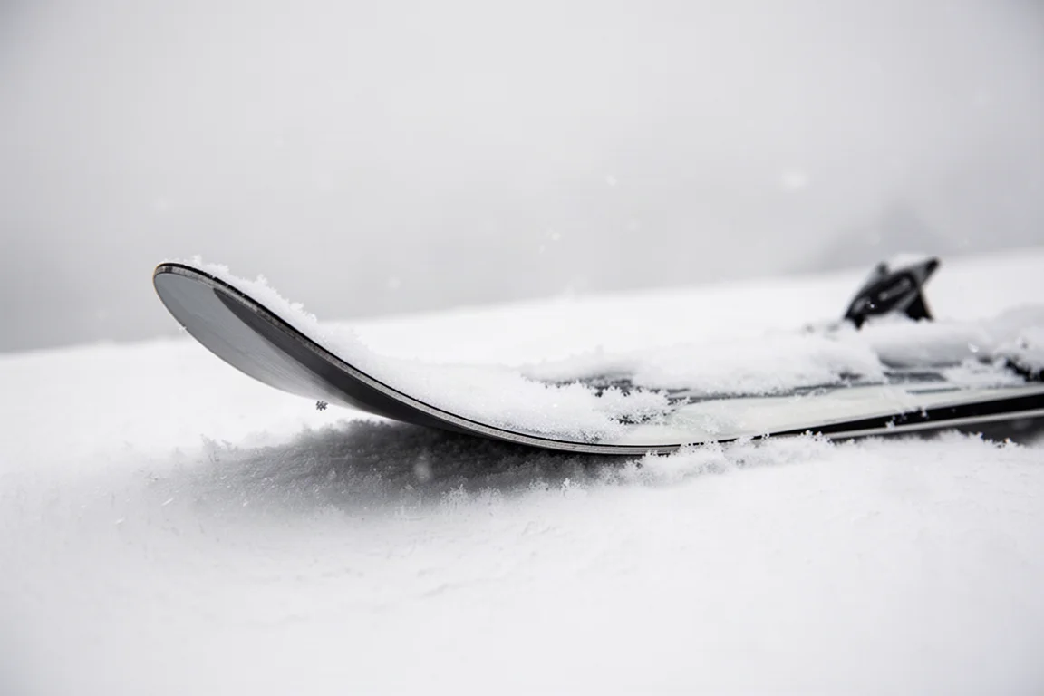 Close-up side profile of a ski tip pressed into packed snow showing rocker sweep