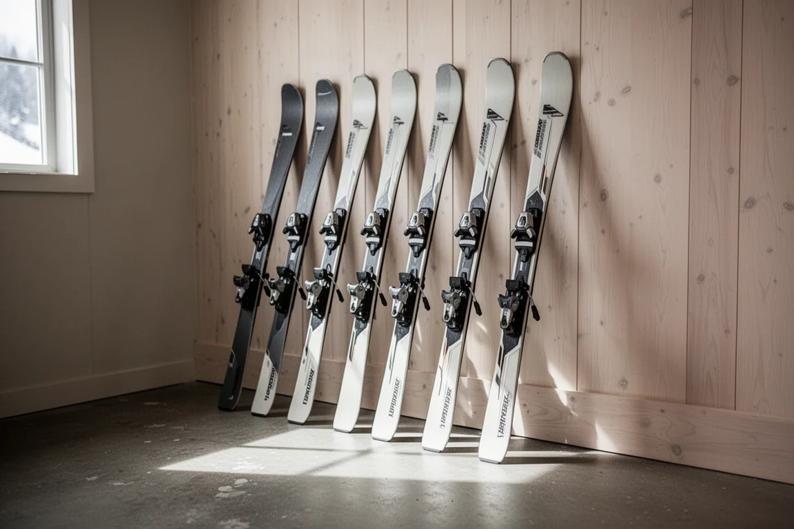 Row of frontside carving skis leaning against a pale wooden wall in a ski room