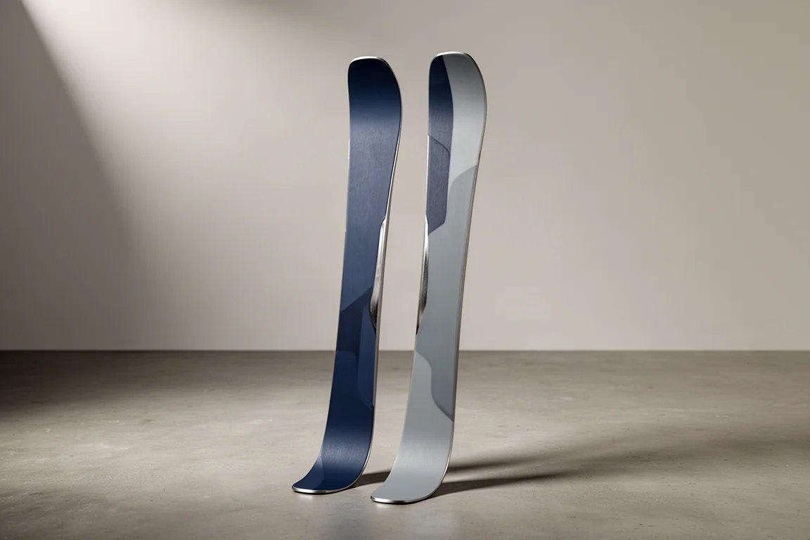 Pair of women's frontside carving skis standing upright on a concrete floor
