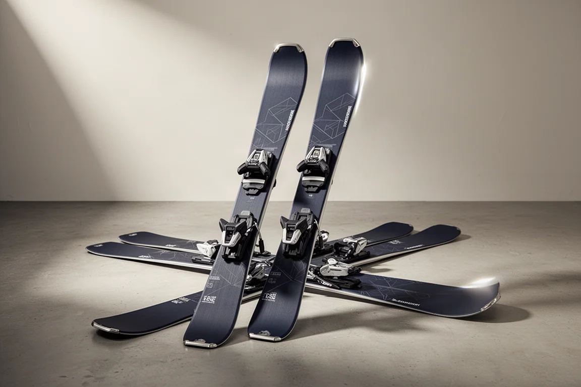 Pair of 82mm all-mountain skis with system bindings standing on a concrete floor