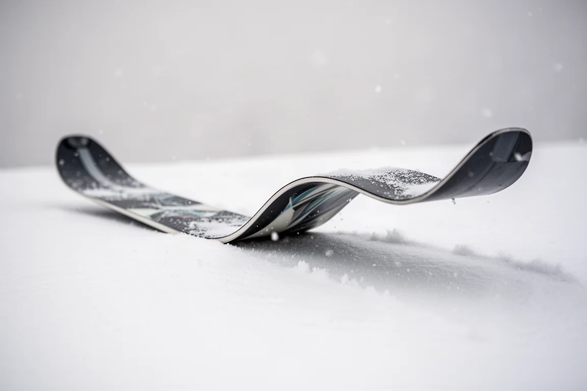 Espatula e cauda de um esqui flexionando sob leve carga contra uma superfície coberta de neve