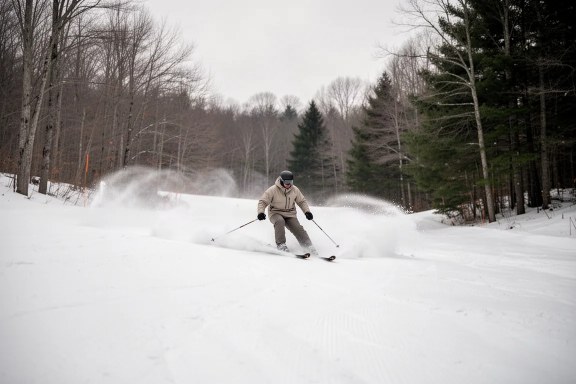 Skifahrer zieht einen langen Schwung auf einer präparierten Piste, gesäumt von kahlen Winterbäumen