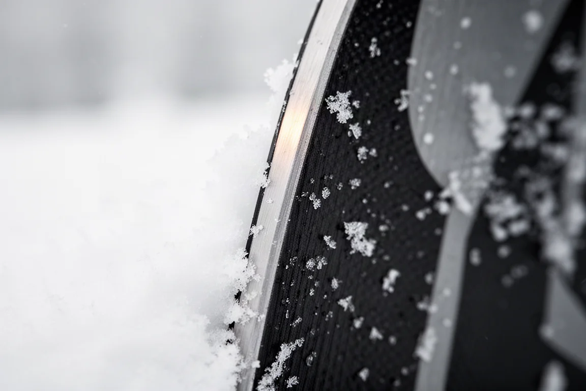 Nahaufnahme einer Skiseitenwand und einer Metallkante, die in festen Schnee drückt