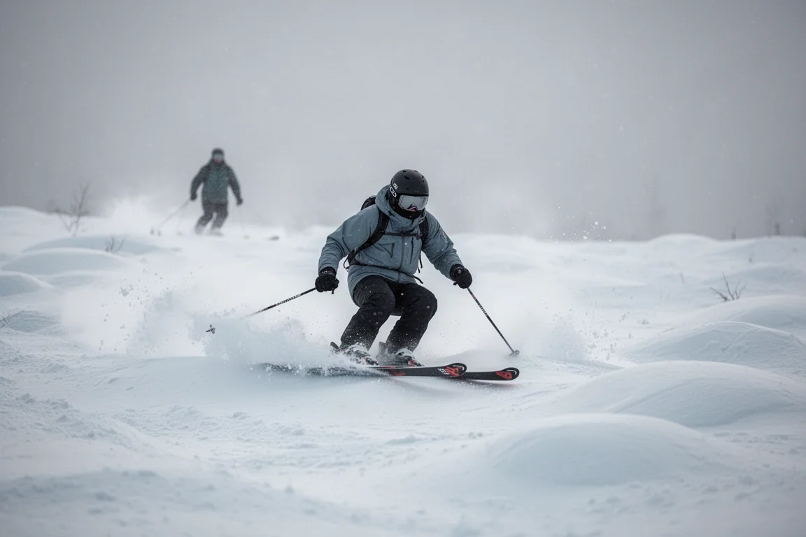Skifahrer fährt durch Buckelpisten auf einem Weichschnee-Hang bei diffusem Winterlicht