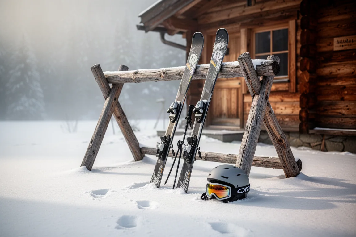 Paar All-Mountain-Skis lehnen an einem Holzgestell vor einer Hütte