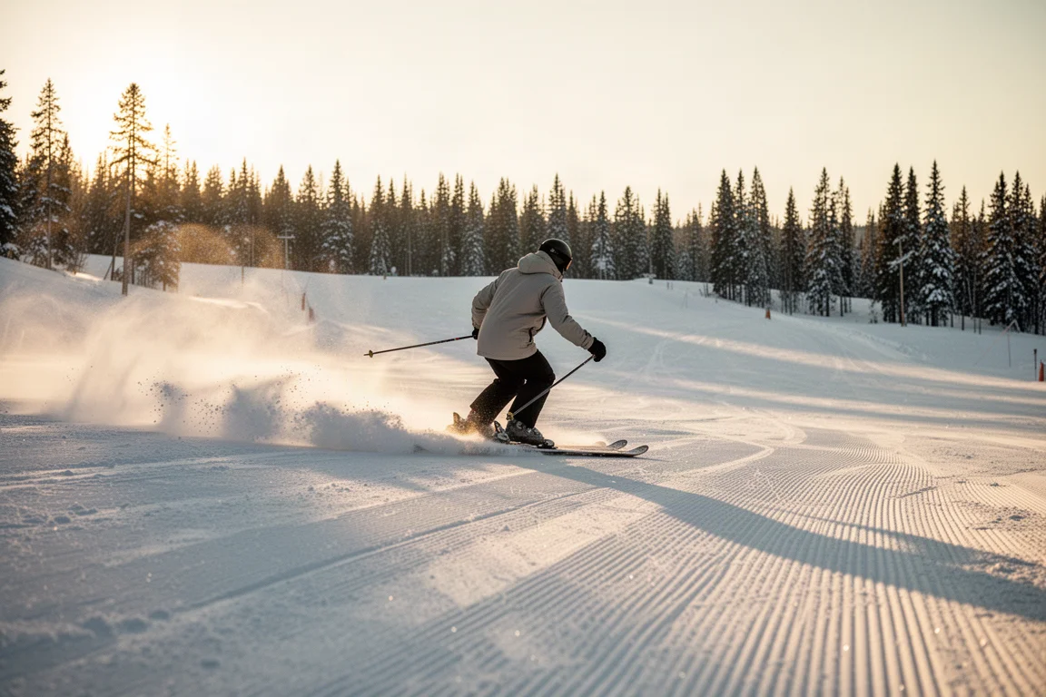 Skieur en carving dans de longues courbes sur une large piste damée à l'heure dorée