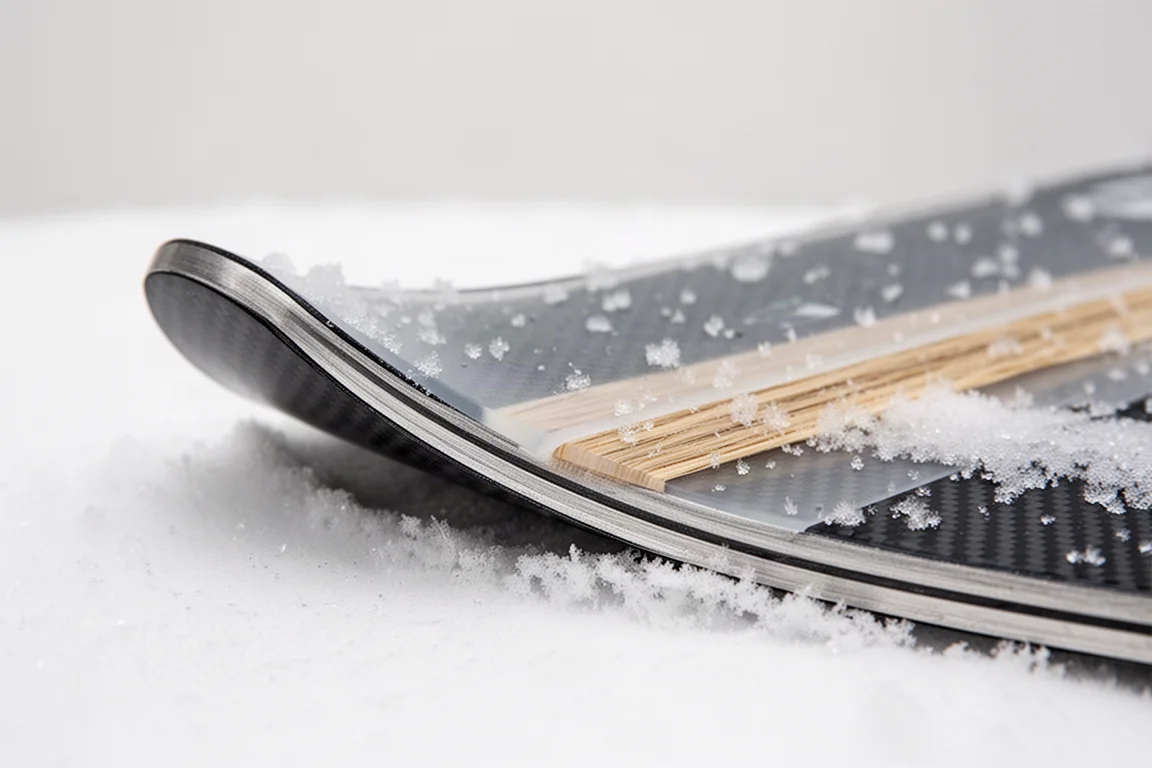 Détail macro d'une spatule de ski montrant la courbe de rocker et le chant du laminé métallique en couches