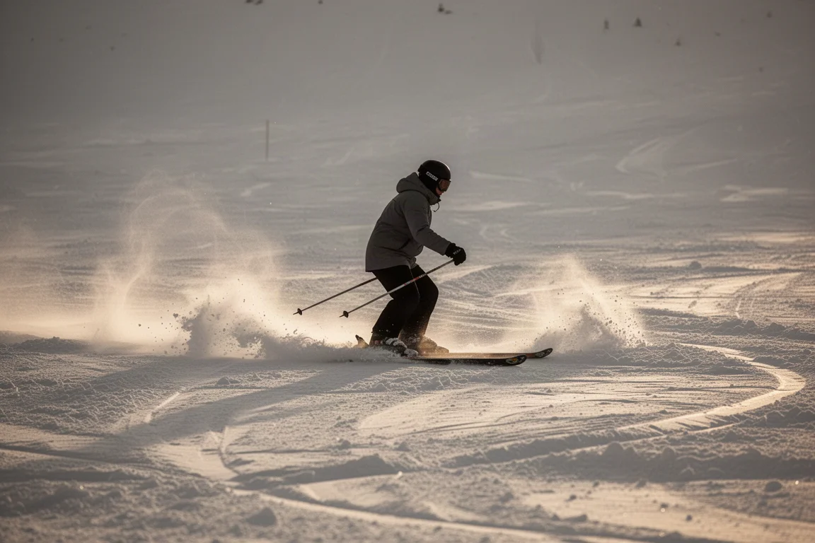 Skieur traversant une neige trafolée et changeante en lumière de fin d'après-midi