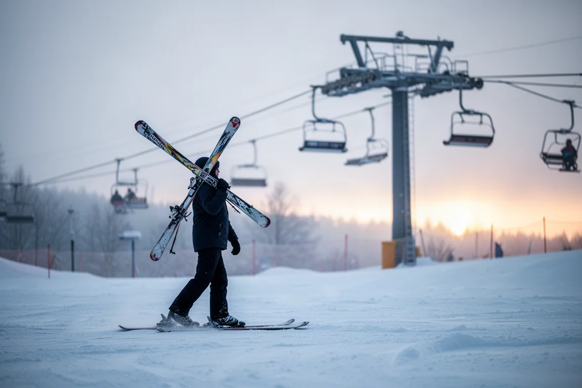 Skieur marchant skis sur l'épaule dans le quartier pieds des pistes à l'aube
