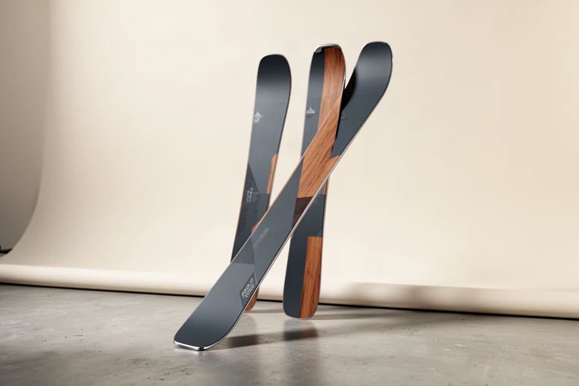 Pair of 90mm all-mountain skis standing upright on a matte concrete floor