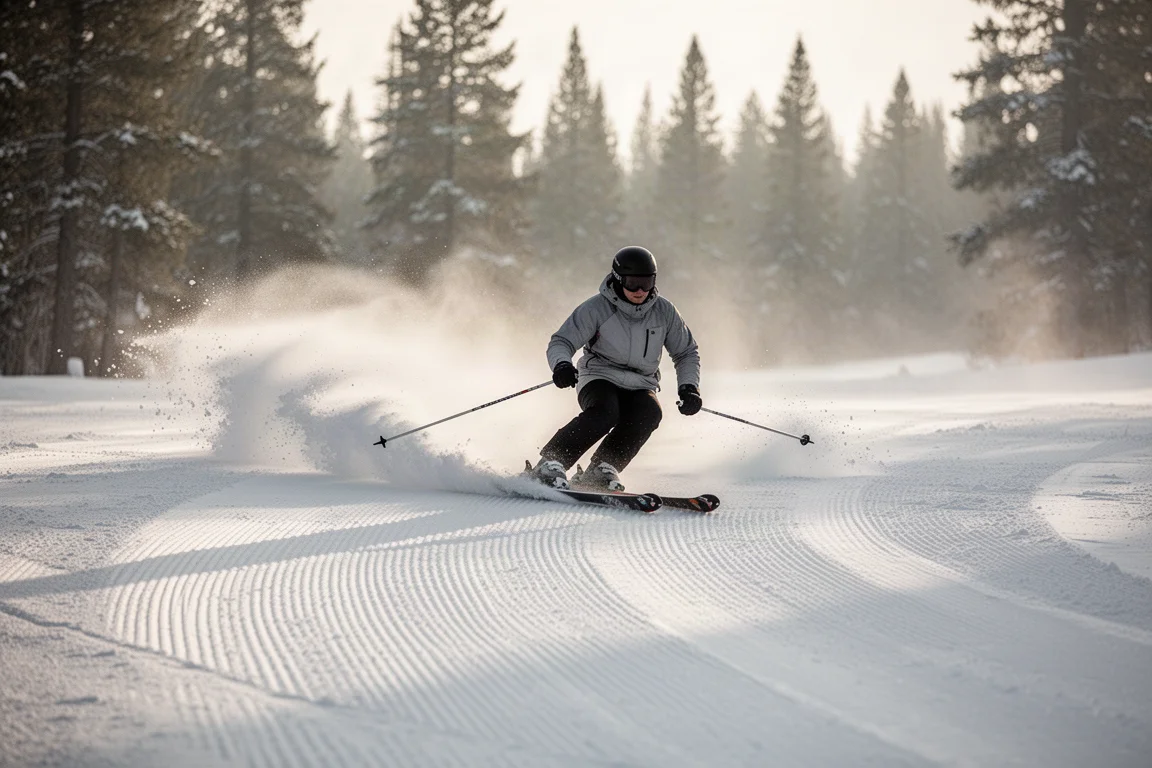 Un skieur traçant une courbe nette sur une piste damée sous une lumière douce de matin