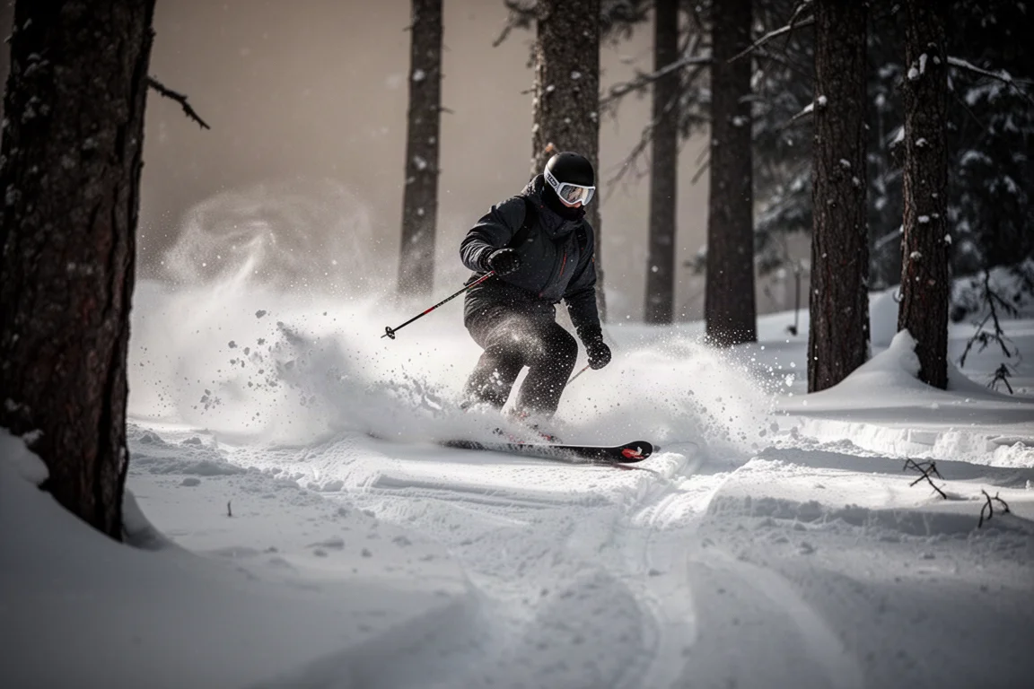 Un skieur traversant de la neige déchiquetée entre les arbres avec un gerbe de neige