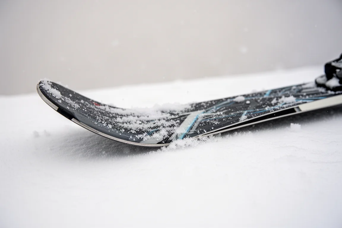 Gros plan sur une spatule de ski et le profil de cambre posés dans la neige fraîche