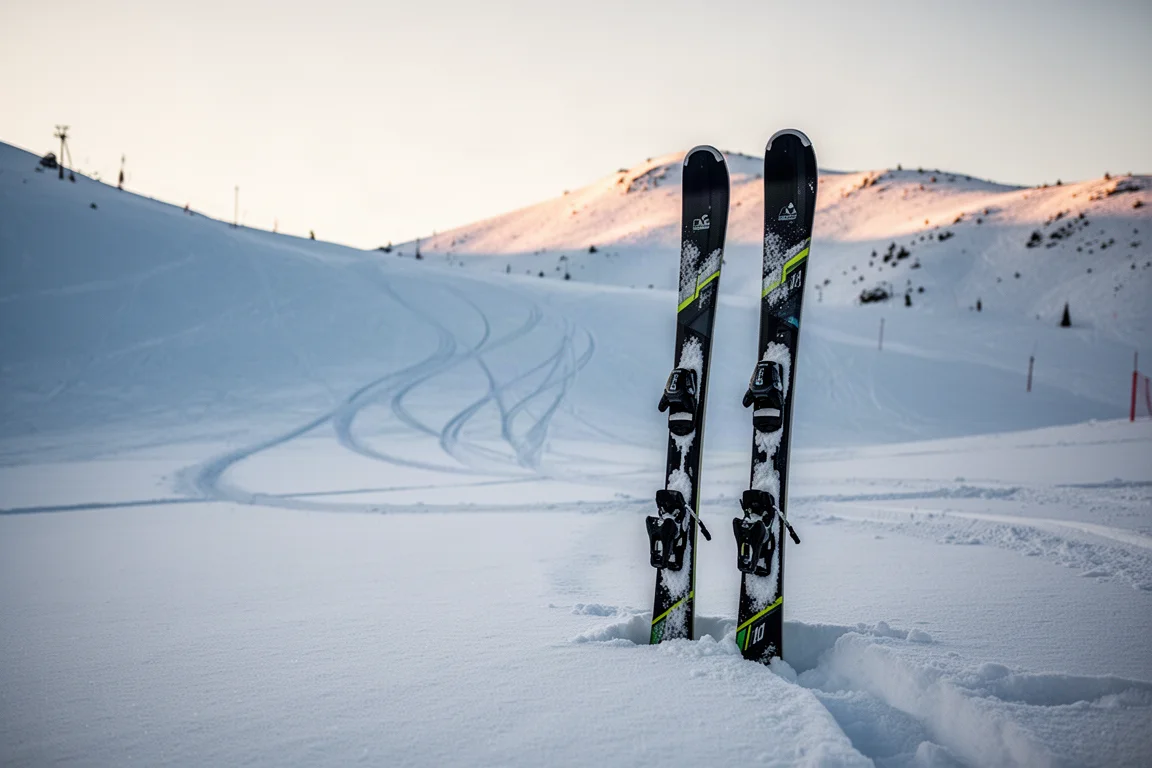 Une paire de skis all-mountain posée dans la neige fraîche dans une station calme aux premières lueurs du jour