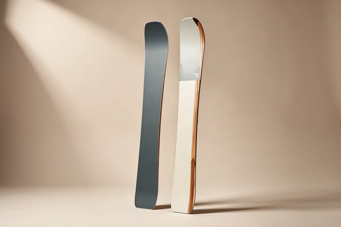 Pair of wide all-mountain skis standing upright against a neutral studio backdrop