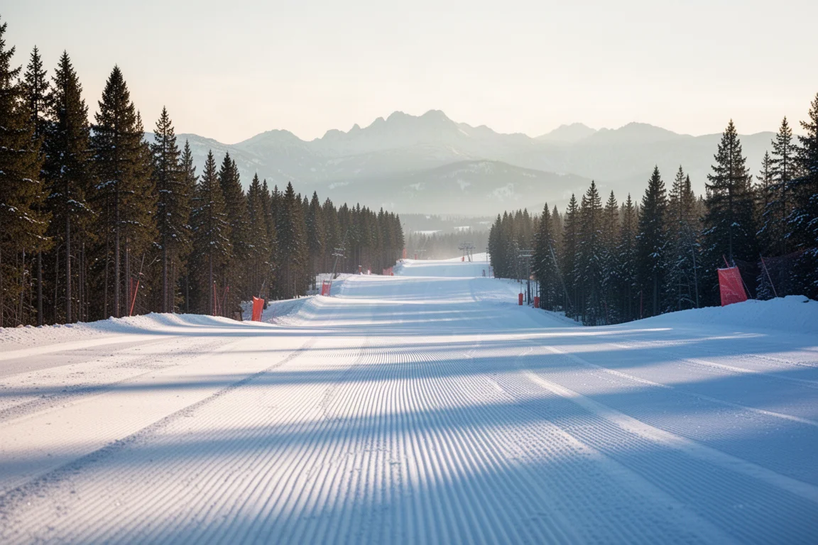 Freshly groomed ski run at a mountain resort in early morning light