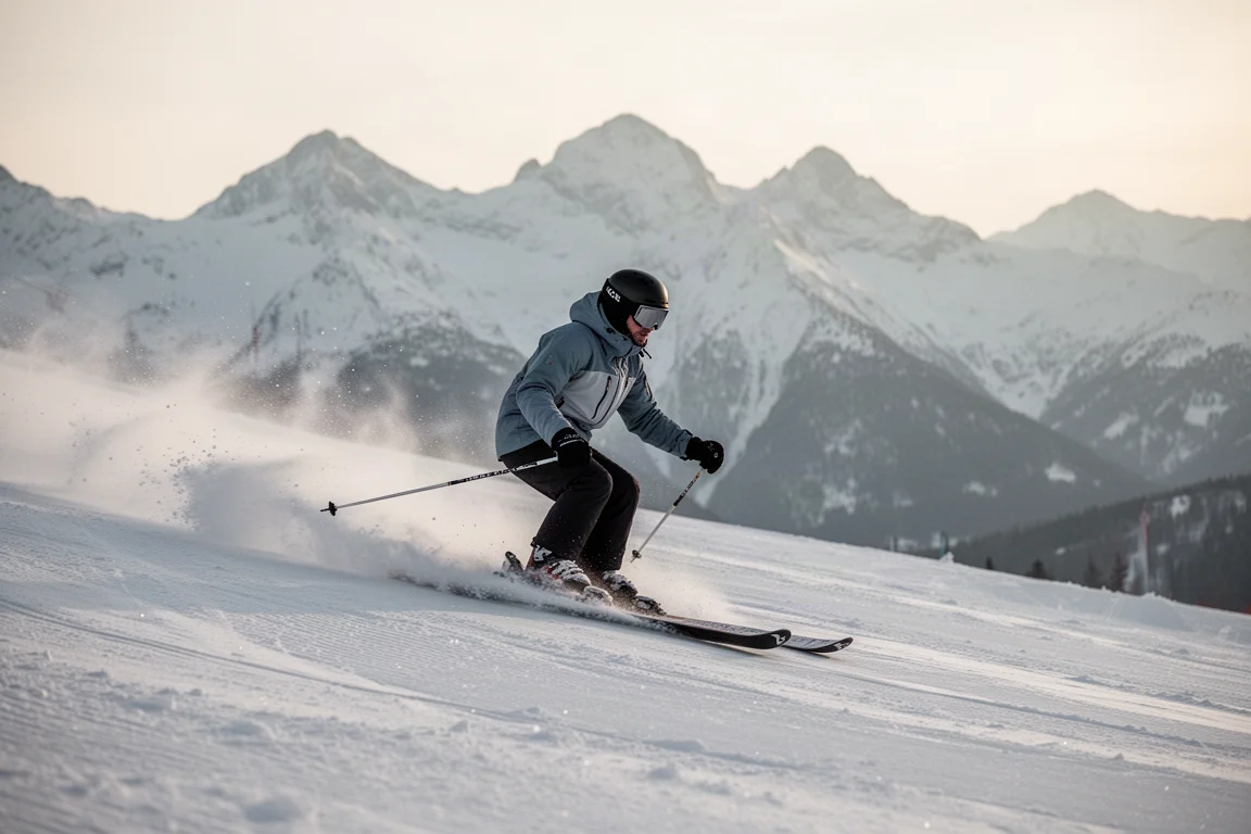 Skier carving a smooth turn on a groomed slope with mountain peaks behind