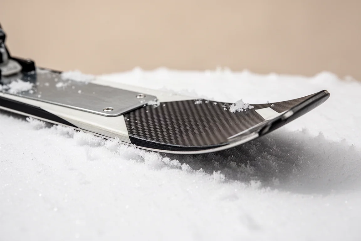 Close-up detail of a ski midsection showing sidewall, metal plate and carbon weave