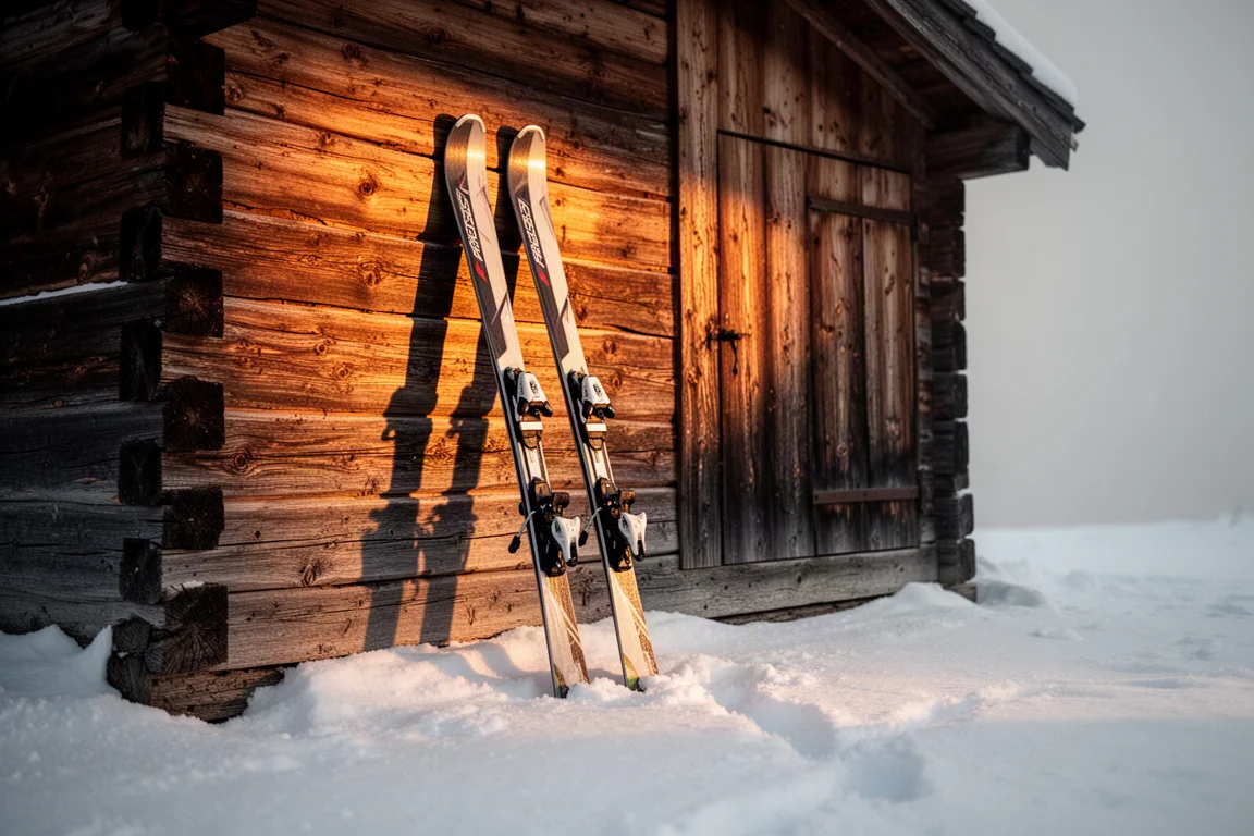 Pair of skis leaning against a wooden lodge wall at golden hour
